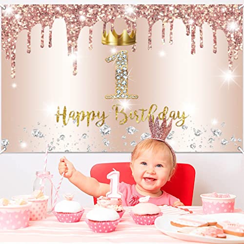 1e verjaardag meisje decoratie, eerste verjaardag Banner Rose Gold, gelukkig 1 verjaardag stof sign poster, 1e verjaardag achtergrond Banner meisje verjaardag partij decoratie met kroon element 4