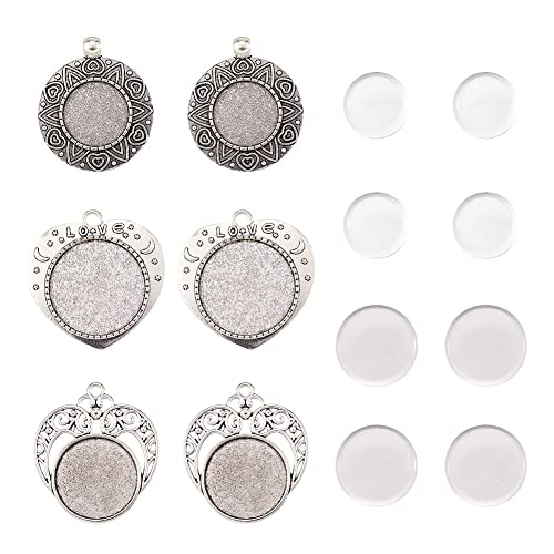 6 st Heart Bezel Hanger Trays met Glas Cabochons Set Cabochon Ronde Metalen Blanco Base voor DIY Crafting Foto Ketting sieraden maken, Glas, Geen edelsteen