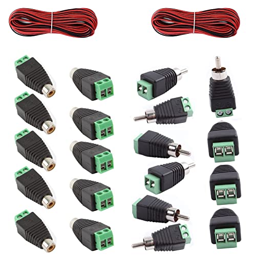 20Pcs RCA Plug Adapter Kit (10x Plug/10x Bus naar 2 Pin Terminal Blok) voor audio, Videokabel, CCTV Camera, Speaker