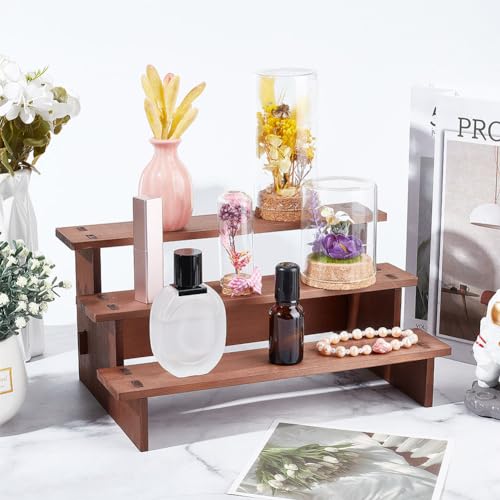 Houten presentatie met 3 niveaus, 17,8 x 29,7 x 14,2 cm, houten displaystandaard, parfum / cosmetica, figuurcollectie