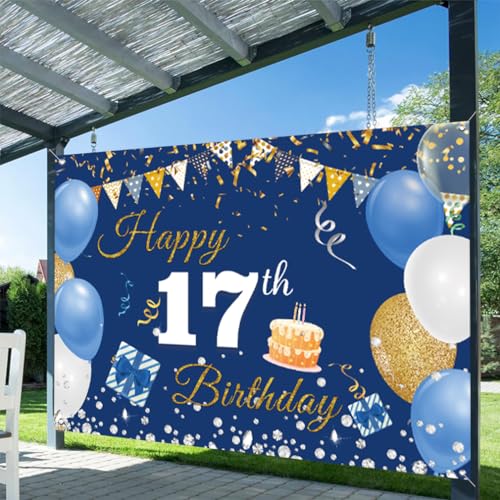 17e verjaardag decoratie jongen meisjes,17e verjaardag banner blauw,17e verjaardag stof teken poster,17e verjaardag achtergrond banner jongen verjaardag feest decoratie 5