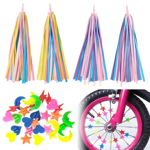 2 paar fietskasten en 36 stukken gesproken kralen, fiets accessoires kleurrijke tassels linten Fiets Clip Kralen Fiets handvat Streamers + Spaak Kralen voor Micro Scooter Driewielerfiets