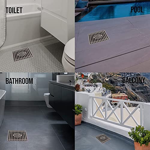 Vierkante Vloer Afwatering met filter en afdekrooster, 10 x 10 x 2,5 cm, Roestvrij staal, Grijs, Drain deksel, Haarstrainer, Douche Drain voor badkamer, Keuken, Balkon 3