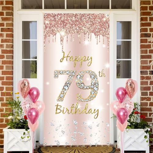 79e verjaardag Decoratie Vrouwen, Gelukkig 79e verjaardag Deur Banner Rose Gold,79e Verjaardagsstof Gebarenposter deur decoratie,79e verjaardag achtergrond Banner Dames,Birthday Party Welkom Teken 3