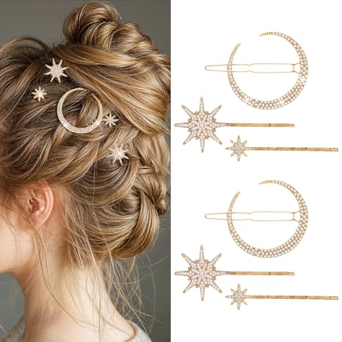 Pack of 6 Star Metal Hair Clips Accessoires, Dames Star Moon Hair Accessoires met Rhinestones, Hairpins voor Bruid en bruiloften, Hair Accessoires voor vrouwen en meisjes(Gold)