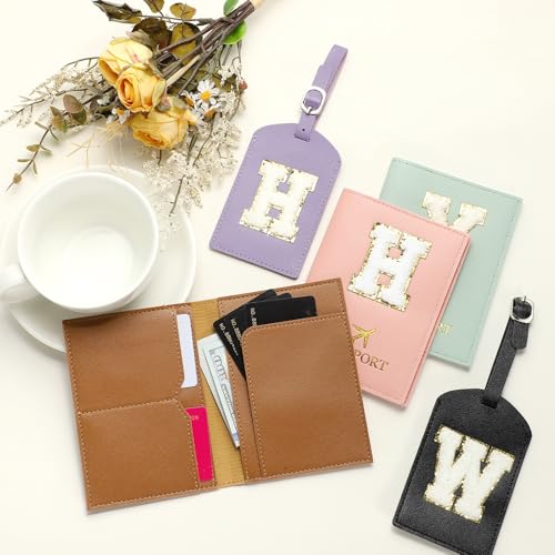 Reispaspoort houder eerste paspoort dekking en bagage tag Set met Alfabet Chenille brief Patch, Black, c 5