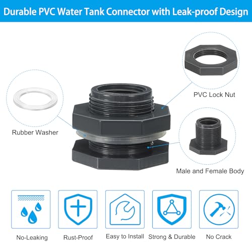 PVC Bulkhead Fitting 1 Inch Vrouw, 10 stuks Dubbele Threaded Bulkhead Water Tank Connector met Silicone Seal Pakking voor Regenemmer, Spoelen, Aquaria, Grijs 3