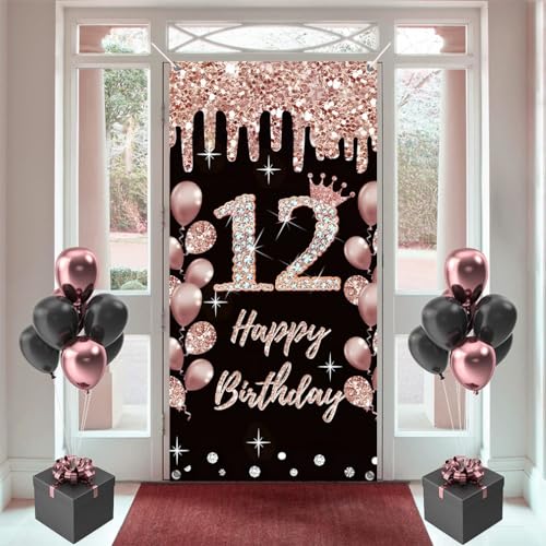12e verjaardag decoratie voor meisjes gelukkig 12e verjaardag poster deur banner rozeold doek teken muur / deur banner 12e verjaardag achtergrond banner meisjes verjaardag feest welkom teken