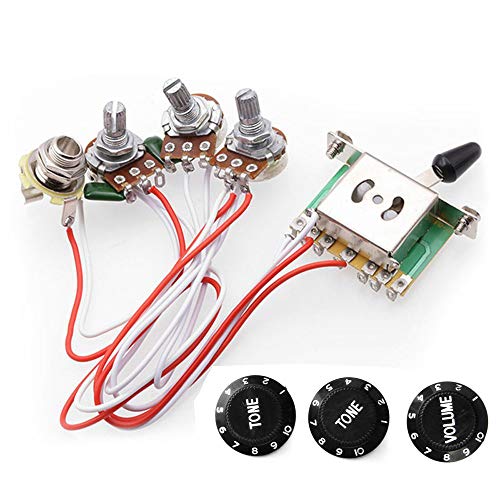 Elektrische gitaar bedrading Harnas Voorbedraad Kit 2T1V 5 manier switch 500K Potentiometers voor vervanging van Strat Guitar Parts, Black Point (Swivel Audio Turning Cap)