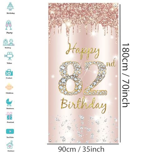 82e verjaardag Decoratie Vrouwen, Gelukkig 82e verjaardag Deur Banner Rose Gold,82e Verjaardag Stof Tekenposter Deur Decoratie,82e verjaardag Achtergrond Banner Dames,Voerdag Partij Welkom Teken