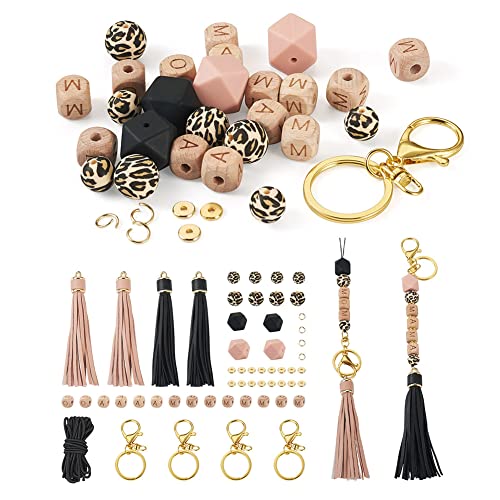 54 Stuks Leopard patroon Siliconen ronde veelhoekige kralen Mam Mam Mam brieven houten kubus kralen met lederen Tassel sleutelhangers clasps voor DIY moeder's dag