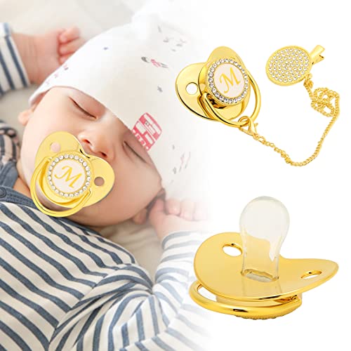 Gold Baby Pacifier, Gepersonaliseerde gebogen ontwerp 26 letters Veilige materialen Gezonde Bling Baby Pacifier Essentials voor pasgeborenen met Clips voor 6 tot 18 maanden Baby(M) 4