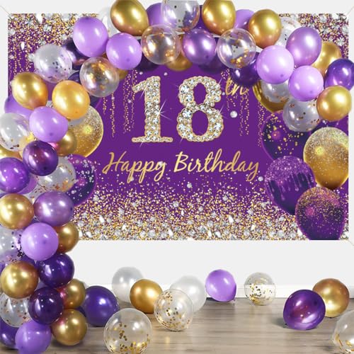18e verjaardag decoratie voor meisjes, paarse glitter vlekken stof teken poster verjaardag feest decoratie, 18e verjaardag achtergrond Banner meisjes, 18e verjaardag feest decoratie 3