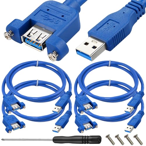 USB3.0 USB A Panel Mount Extension Cable, USB A Plug to Bushing for Charging and Data with Screwdriver, Screws (4 Pack)
