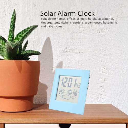 Zonnealarmklok Zonnealarmklok Eco-vriendelijk Alarmklok Zonne-bureau klok Zonne-oplaadklok voor weervoorspelling klok Zonne-LCD schermklok (blauw) 4