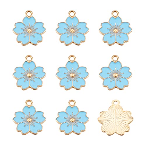 Light Sky Blue Flower Charm Enamel Legering Light Gold Plated Metal Charm Hanger voor ketting armband oorbellen sieraden Set van 10, niet-edel metaal