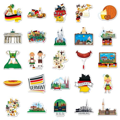 Duitsland Travel Stickers voor tieners en volwassenen, 50 stuks, Duitse waterdichte Vinyl Sticker Set, Auto, Motorfiets, Fiets, Skateboard, Snowboard, Bagage, Laptop, Koffer, Helm, Motorfiets