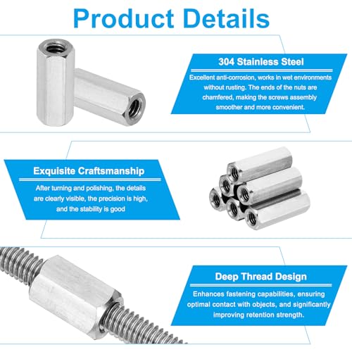 M10 x 1,25-Pitch 304 RVS Hex Clutch Noten, 6st 35mm Lengte Volledige Thread Connecting Elements, Silver Tone 3
