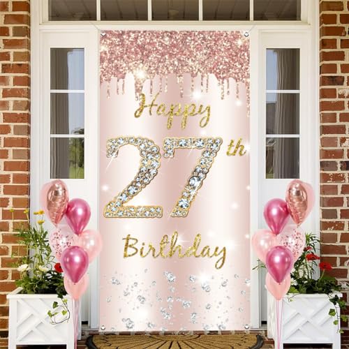 27e verjaardag decor vrouwen, Gelukkig 27e verjaardag deur banner rose goud, 27e verjaardag stof teken poster deur decoratie, 27e verjaardag achtergrond banner vrouw, verjaardag feest welkom teken