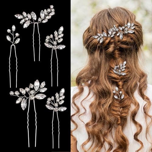 5 st bruiloft Rhinestone haarspelden, Crystal bruid haar accessoires zilveren bloem parel haar sieraden Franse bruids haar clips voor vrouwen meisjes updo verjaardag bruidsmeisjes