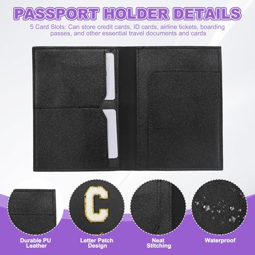 Reispaspoort houder eerste paspoort dekking en bagage tag Set met Alfabet Chenille brief Patch, Black, c 3