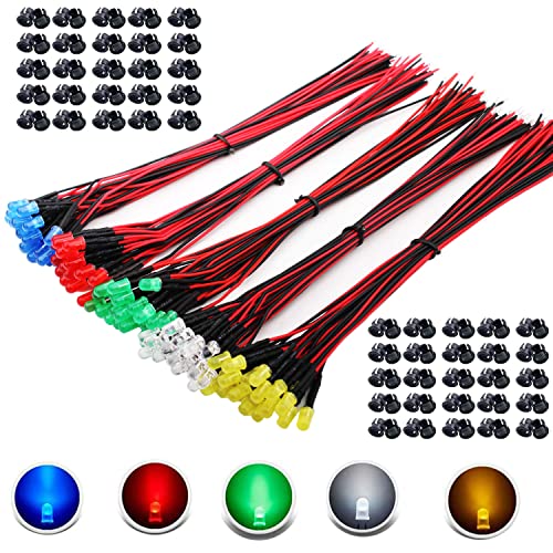 100st 5mm 3V-9V-12V LED diode, LED met kabel 12V, Model Railway H0 Verlichting RC Model Making LED Diodes Light + 100st 5mm LED Montage Ringen Plastic (rood, geel, groen, wit
