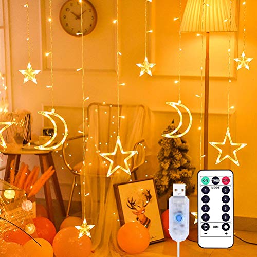Curtain Light Star Moon Window Lights Home Decoratie String verlichting voor slaapkamer woonkamer (Warm White 3,5m USB afstandsbediening)