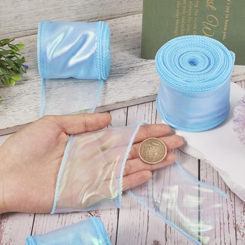 3 Rolls Polyester Iridescent Ribbon 60mm Sparkling Sheer Chiffon Ribbon Glittering Organza Ribbon voor Bouquet Wrap Bows Krans Decoratie DIY Crafts, Sky Blue 4