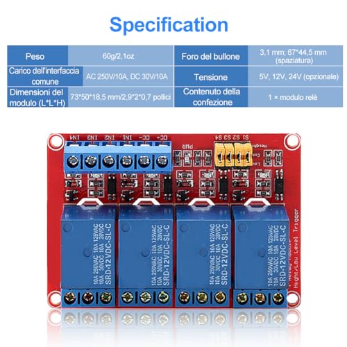 4 Channel Relay Module, 4 kanaal Relais Modulebord met Optocoupler Hoge en Lage Trigger Module voor 5V/12V/24V (12V) Relais