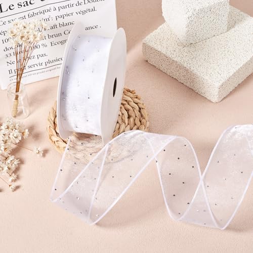 Witte lint strass puur lint polyester lint organza lint Bedraad lint voor ambachtelijke bloemen inpakken kerst strikjes bruiloft vakantie decoratie, 38mm 5
