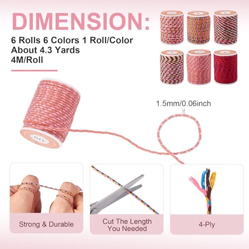 6 Rolls 4 Ply Poly Cotton Cord 1.5mm handgemaakt Macrame Touw Kleurrijke gevlochten draad voor DIY Craft String Wall Hangings Plant Hanger Chinese knopen, 4m/roll