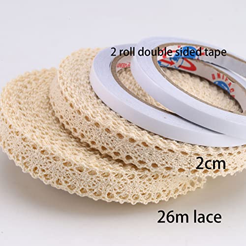 Zelfklevende Lace Ribbon 26 Meters Katoen Deco Tape -2cm Vintage Kant Border Hook Trims voor ambachten Naaien bruiloft Decoratie Scrapbooking Gift Box (Beige)