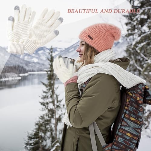 2 Paren Women's Winter Thermische Gebreide Handschoenen Vrouwen Winter Touchscreen Handschoenen Winter SMS Handschoenen Elastische Manchet Non-Slip Handschoenen (Wit, Roze), Wit, Roze,, Wit, Roze 4