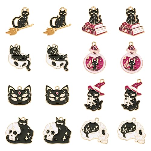 16st Halloween & Cat Emaill Hanger Magic Thema Cat Charms Mooie Animal Halloween & Christmas Dangle Bedels voor DIY Ketting oorbellen sieraden maken, Email, Emaill