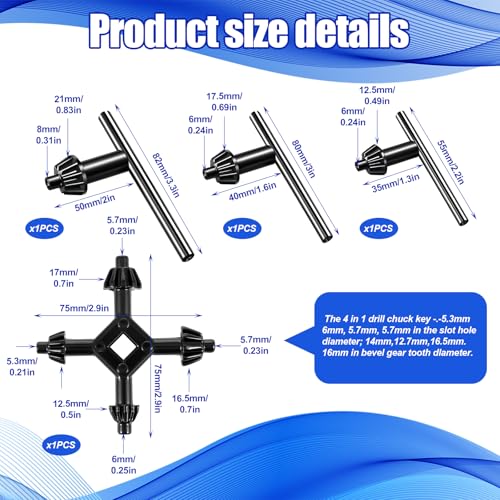 4 stuks chuck moersleutel, 4 in 1 chuck, moersleutel, metalen moersleutel draagbare universele chuck chuck moersleutel voor het aantrekken van chuck, boormoersleutel, spanner