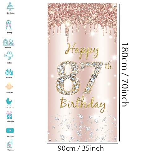 87e verjaardag decoratie vrouwen, Happy 87th Birthday deur banner roségoud, 87e verjaardag stof bord poster deurdecoratie, 87e verjaardag achtergrond banner dames, verjaardagsfeest welkomstbord