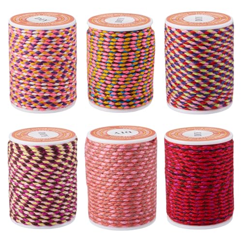 6 Rolls 4 Ply Poly Cotton Cord 1.5mm handgemaakt Macrame Touw Kleurrijke gevlochten draad voor DIY Craft String Wall Hangings Plant Hanger Chinese knopen, 4m/roll