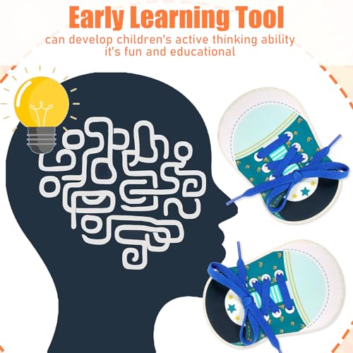 Pack van 2 houten Lace Up Schoenen Bow Leather Kids Oefenen Threading en Tyring Laces Kids Oefenen Lacing Leather Board Speelgoed (blauw)