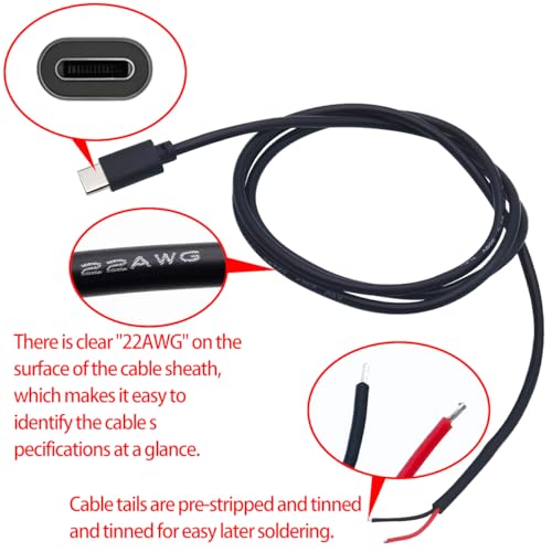 USB C Pigtail 2 Draadkabel, type C Man Draadkabel 22AWG & Adapters 5 Kit, DIY Pigtail Open End Power Cable 1M/3Ft (alleen voor oplaadapparaten) 4