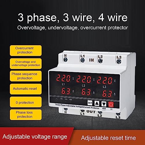 Onder spanningsbeschermer 3 Fase 3 Draad 4 Wire Voltmeter Ammeter DIN Rail verstelbare overstroombeveiliging AC120V - 300V 63A
