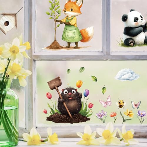 9 Vellen Dieren Window Stickers Dubbelzijdige Window Stickers Forest Animal Window Stickers Deer Mole Fox Panda Konijn voor glazen ramen Deuren Voorjaar Pasen Decor 3