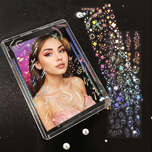 Holografische Deco Stickers voor fotokaarten, 24 vellen, Shiny Koreaanse Fotokaart Stickers, Self-Adhesive Clear Glitter Stickers, Star Moon Butterfly Musical Stickers voor 3