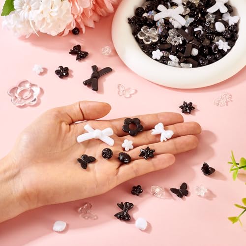 100g Diverse Acryl kralen Bloem kralen Caps Bow Butterfly Bloemen Blad esthetische ambacht kralen Bulk voor armband sieraden maken, zwart & wit 5