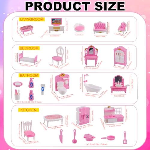 32 st. Miniatuur Poppenhuis Meubilair Accessoires Set, schaal 1:12 Mini Huis Meubilair Cadeau Kleine slaapkamer Woonkamer Badkamer Keuken Mini Scene Role Speelgoed voor kinderen meisjes (Roze)