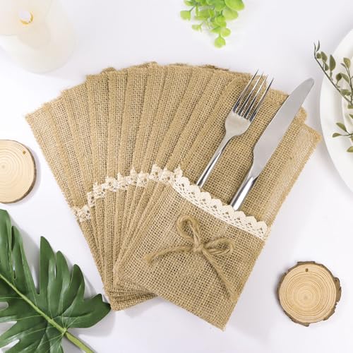 20 st. Natuurlijke Jute Utensil Houders (11 x 21 cm) Messen Vorken Burlap Bestek Bag Bestek houder Bag Jute White Lace Jute Hessian Rustic Land voor bruiloft Festival Evenement 3