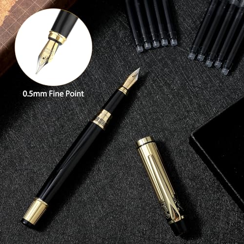 Luxe metalen fontein Pen, 0.5mm fijne tip, kalligrafie Pen gemaakt van Robuust roestvrij staal, met 10 stuks 2.6 mm zwarte inkt cartridges, geschenk doos voor mannen, kantoor, schoolbenodigdheden