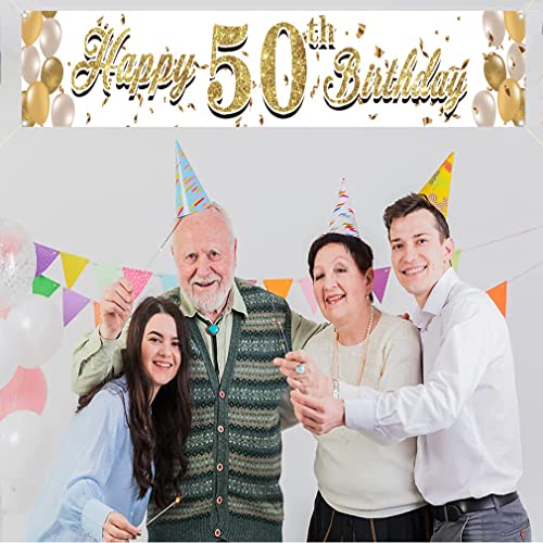 Happy 50th Birthday Decoration Fabric Sign Poster 50 Year Old Garden Decoration Gold Ballon Garden Banner - 3m x 0,5m - Birthday Party Suips Outdoor & Indoor Welcome Sign for Husband and Wife 4