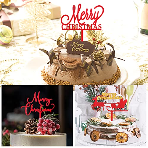 9 stuks Kersttaart decoratie set acryl rood Vrolijk kersttaart toppers met verschillende patronen cake tops Kersttaart topper taart stok Kersttaart decoratie voor Kerstmis feest etc 5