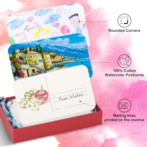 48 Vellen Aquarel ansichtkaarten, 100% Katoen 100 x 15cm Blanco afgeronde hoeken Aquarelpapier Postkaarten Rough for Mailing Art Painting Drawing, 150lbs/300g/m2 (rood) 3