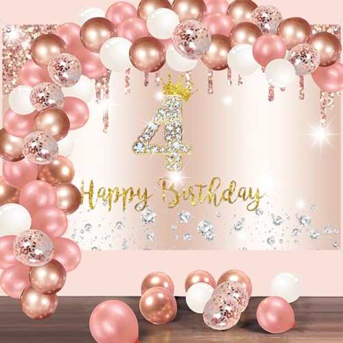 4e verjaardag meisje decoratie, 4e verjaardag banner roségoud, Happy 4e verjaardag stoffen bord poster, 4e verjaardag achtergrond banner meisje verjaardagsfeest decoratie, 150 cm x 90 cm 3